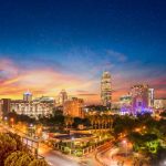 Sandton city at night with twilight and stars in the sky, Gauteng Johannesburg South Africa