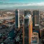 Aerial view of Dar es Salaam, Tanzania, showing a vibrant cityscape with tall buildings